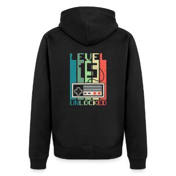 Level 15 freigeschaltet - Unisex Premium Bio Zip Hoodie - Schwarz - Hinten - Nico (187cm)