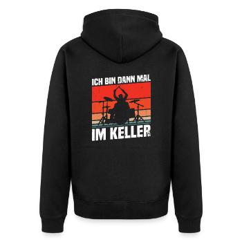 Ich bin dann mal im Keller - Unisex Premium Bio Zip Hoodie - Schwarz - Hinten - Nico (187cm)