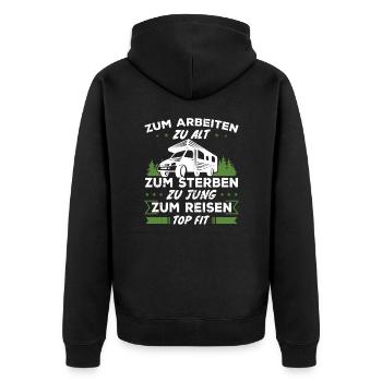 Zum reisen topfit - Geschenk Reisende - Unisex Premium Bio Zip Hoodie - Schwarz - Hinten - Nico (187cm)