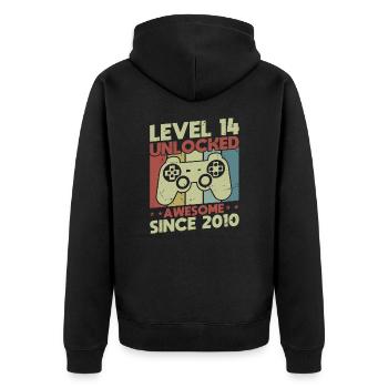 Level 14 freigeschaltet - Unisex Premium Bio Zip Hoodie - Schwarz - Hinten - Nico (187cm)
