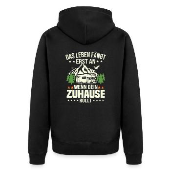 Das Leben fängt erst an wenn dein Zuhause rollt - Unisex Premium Bio Zip Hoodie - Schwarz - Hinten - Nico (187cm)