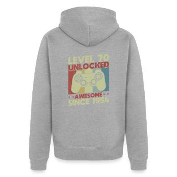 Level 70 freigeschaltet - Unisex Premium Bio Zip Hoodie - Grau meliert - Hinten - Nico (187cm)