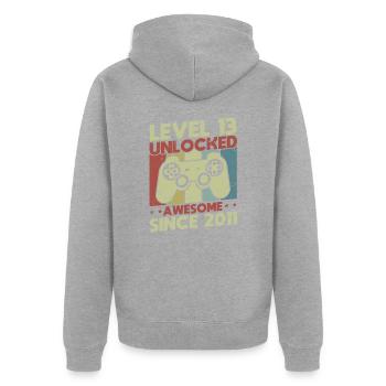 Level 13 freigeschaltet - Unisex Premium Bio Zip Hoodie - Grau meliert - Hinten - Nico (187cm)