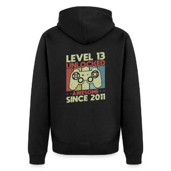 Level 13 freigeschaltet - Unisex Premium Bio Zip Hoodie - Schwarz - Hinten - Nico (187cm)