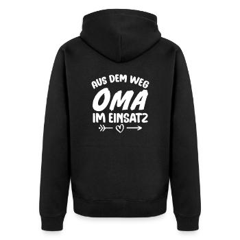 Out of the way: Grandma in action - Unisex Premium Organic Zip Hoodie - black - Back - Nico (187cm)