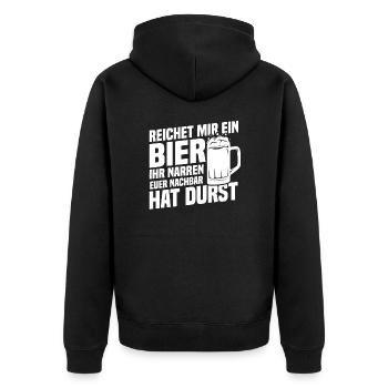 Reichet mir ein bier, Nachbar hat durst - Unisex Premium Bio Zip Hoodie - Schwarz - Hinten - Nico (187cm)
