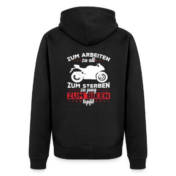 For biking in top shape - Unisex Premium Organic Zip Hoodie - black - Back - Nico (187cm)