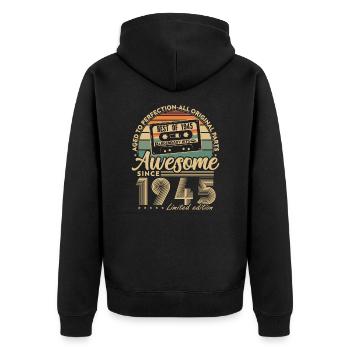 Jahrgang 1945 Geburtstagsgeschenk Geboren 1945 - Unisex Premium Bio Zip Hoodie - Schwarz - Hinten - Nico (187cm)