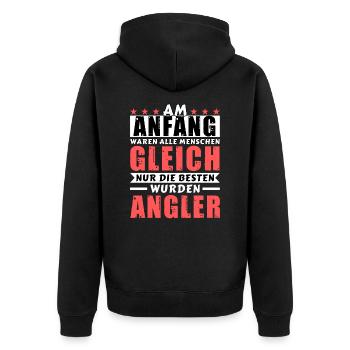 Am Anfang waren alle gleich - Angler Edition - Unisex Premium Bio Zip Hoodie - Schwarz - Hinten - Nico (187cm)