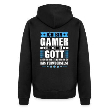 Ich bin Gamer und nicht Gott - Unisex Premium Bio Zip Hoodie - Schwarz - Hinten - Nico (187cm)