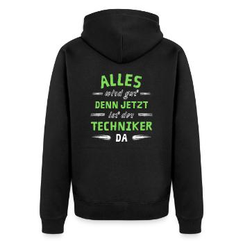 Alles wird gut denn jetzt ist der Techniker da - Unisex Premium Bio Zip Hoodie - Schwarz - Hinten - Nico (187cm)