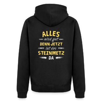Alles wird gut denn jetzt ist der Steinmetz da - Unisex Premium Bio Zip Hoodie - Schwarz - Hinten - Nico (187cm)