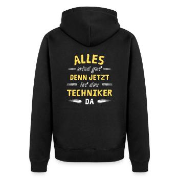 Alles wird gut denn jetzt ist der Techniker da - Unisex Premium Bio Zip Hoodie - Schwarz - Hinten - Nico (187cm)