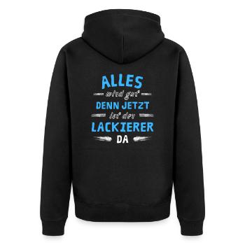 Alles wird gut denn jetzt ist der Lackierer da - Unisex Premium Bio Zip Hoodie - Schwarz - Hinten - Nico (187cm)