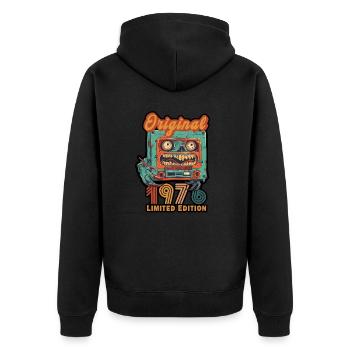 Original 1976 Limited Edition Kassette Baujahr - Unisex Premium Bio Zip Hoodie - Schwarz - Hinten - Nico (187cm)