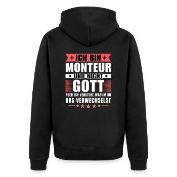 Ich bin Monteur und nicht Gott - Unisex Premium Bio Zip Hoodie - Schwarz - Hinten - Nico (187cm)
