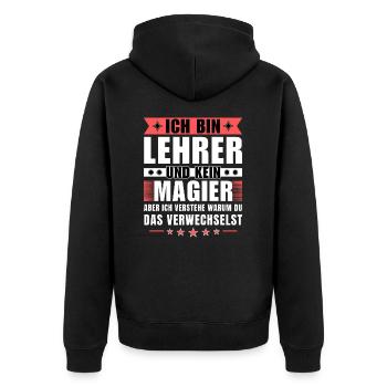 Ich bin Lehrer und kein Magier - Unisex Premium Bio Zip Hoodie - Schwarz - Hinten - Nico (187cm)
