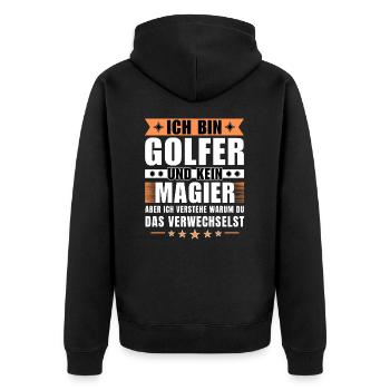 Ich bin Golfer und kein Magier - Unisex Premium Bio Zip Hoodie - Schwarz - Hinten - Nico (187cm)