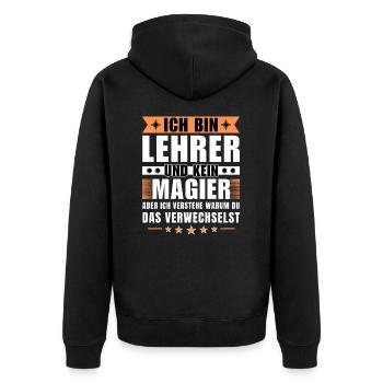 Ich bin Lehrer und kein Magier - Unisex Premium Bio Zip Hoodie - Schwarz - Hinten - Nico (187cm)
