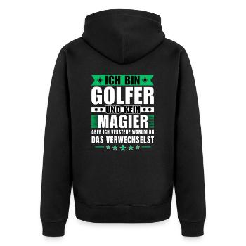 Ich bin Golfer und kein Magier - Unisex Premium Bio Zip Hoodie - Schwarz - Hinten - Nico (187cm)