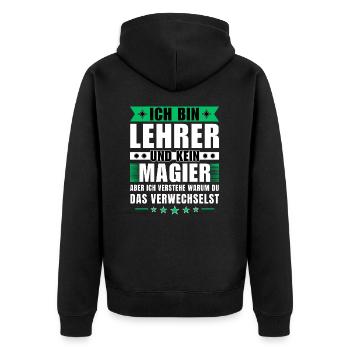 Ich bin Lehrer und kein Magier - Unisex Premium Bio Zip Hoodie - Schwarz - Hinten - Nico (187cm)