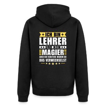 Ich bin Lehrer und kein Magier - Unisex Premium Bio Zip Hoodie - Schwarz - Hinten - Nico (187cm)