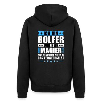 Ich bin Golfer und kein Magier - Unisex Premium Bio Zip Hoodie - Schwarz - Hinten - Nico (187cm)