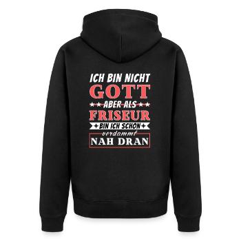 Ich bin nicht Gott aber als Friseur nah dran - Unisex Premium Bio Zip Hoodie - Schwarz - Hinten - Nico (187cm)