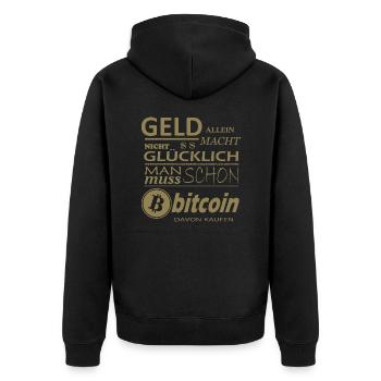 Geld alleine macht nicht Glücklich Bitcoin Sprüche - Unisex Premium Bio Zip Hoodie - Schwarz - Hinten - Nico (187cm)