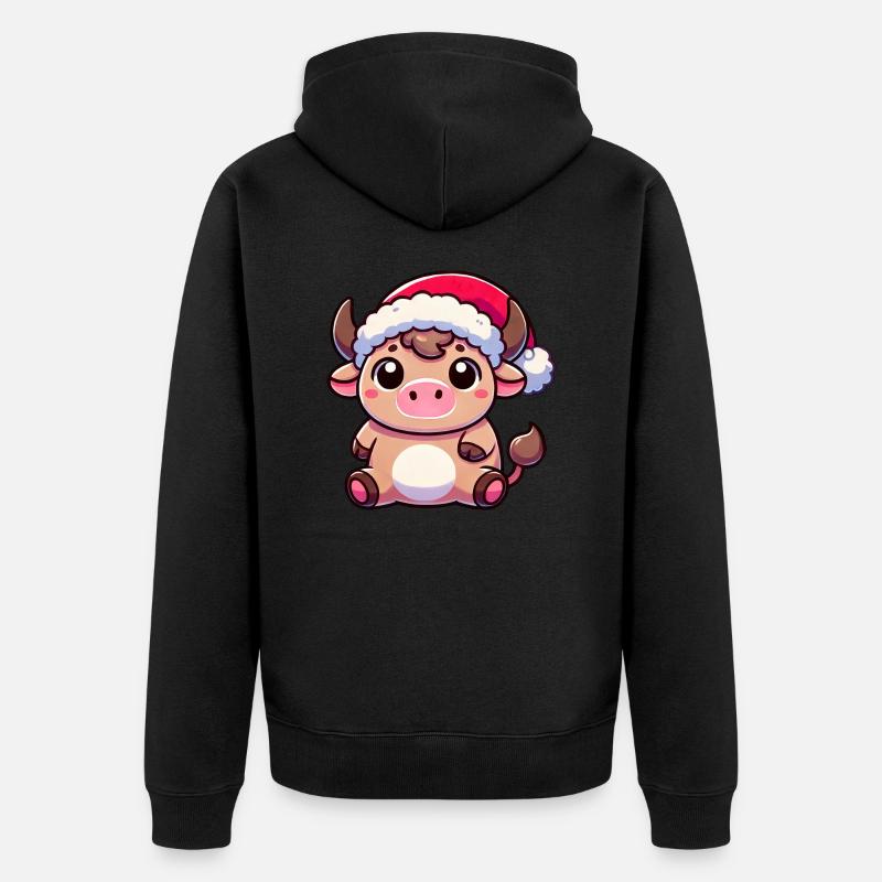 Süße Chibi Weihnachtskuh Cartoon Design - Unisex Premium Bio Zip Hoodie - Schwarz