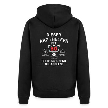 Dieser Arzthelfer ist 50. Schonend behandeln - Unisex Premium Bio Zip Hoodie - Schwarz - Hinten - Nico (187cm)