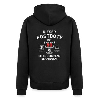 This postman is 80. - Unisex Premium Organic Zip Hoodie - black - Back - Nico (187cm)