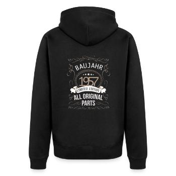 Baujahr 1957 - Unisex Premium Bio Zip Hoodie - Schwarz - Hinten - Nico (187cm)