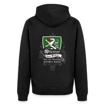 Steirer – Das Höchste, was ein Mensch werden kann - Unisex Premium Bio Zip Hoodie - Schwarz - Hinten - Nico (187cm)