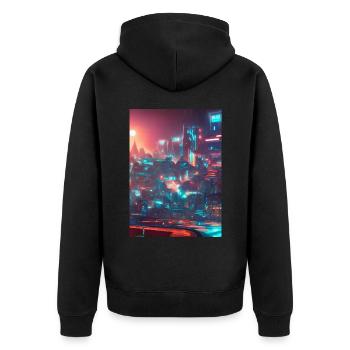 Cool Japanese Techno Cat In Japan Neon City - Unisex Premium Bio Zip Hoodie - Schwarz - Hinten - Nico (187cm)