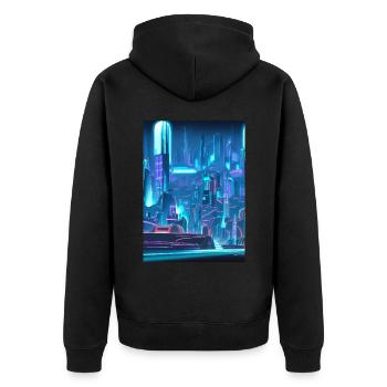 Cool Japanese Techno Cat In Japan Neon City - Unisex Premium Bio Zip Hoodie - Schwarz - Hinten - Nico (187cm)