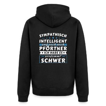 Sympathisch und intelligent - Pförtner Edition - Unisex Premium Bio Zip Hoodie - Schwarz - Hinten - Nico (187cm)