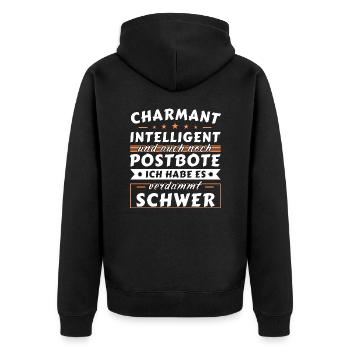 Charmant und intelligent - Postbote Edition - Unisex Premium Bio Zip Hoodie - Schwarz - Hinten - Nico (187cm)
