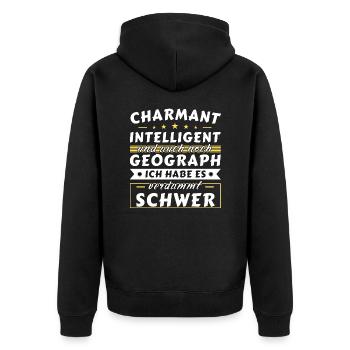 Charmant und intelligent - Geograph Edition - Unisex Premium Bio Zip Hoodie - Schwarz - Hinten - Nico (187cm)