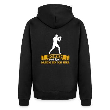 Boxen und Bier, darum bin ich hier - Spruch - Unisex Premium Bio Zip Hoodie - Schwarz - Hinten - Nico (187cm)