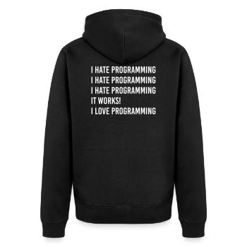 I hate programming, I love programming - Unisex Premium Bio Zip Hoodie - Schwarz - Hinten - Nico (187cm)