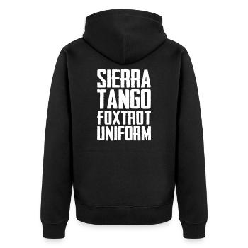 Sierra Tango Foxtrot Uniform Shut The Fuck Up - Unisex Premium Organic Zip Hoodie - black - Back - Nico (187cm)