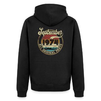 September 1974 All Original Parts - Unisex Premium Bio Zip Hoodie - Schwarz - Hinten - Nico (187cm)
