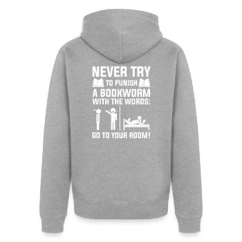 Never Try To Punish A Bookworm With The Words - Unisex Premium Organic Zip Hoodie - heather grey - Back - Nico (187cm)