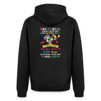 Non-Verbal Autism Awareness T-Shirt - Unisex Premium Organic Zip Hoodie - black - Back - Nico (187cm)