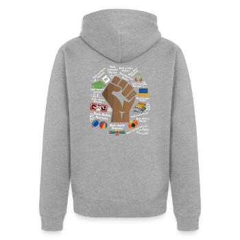 T-shirt noir Power Black History Month Fist - Veste à capuche bio Premium Unisexe - gris chiné - Dos - Nico (187cm)