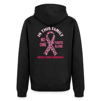 In this Family No one Fights Alone Breast Cancer - Unisex Premium Organic Zip Hoodie - black - Back - Nico (187cm)