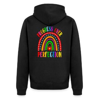 Rainbow Progress Over Perfection Motivational - Unisex Premium Bio Zip Hoodie - Schwarz - Hinten - Nico (187cm)