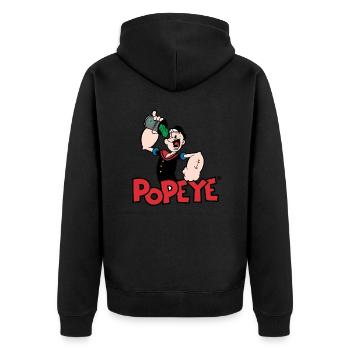 Popeye Isst Spinat Logo - Unisex Premium Bio Zip Hoodie - Schwarz - Hinten - Nico (187cm)