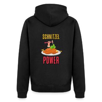 Schnitzel Power, Schnitzel Kraft - Unisex Premium Bio Zip Hoodie - Schwarz - Hinten - Nico (187cm)